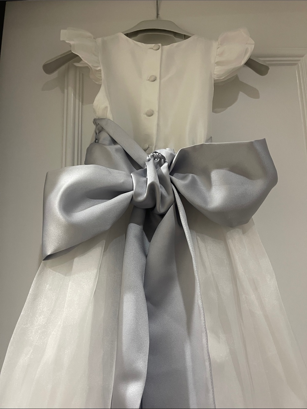 Flower Girl White Organza Dress with Pale Blue Sash & Floral Crown